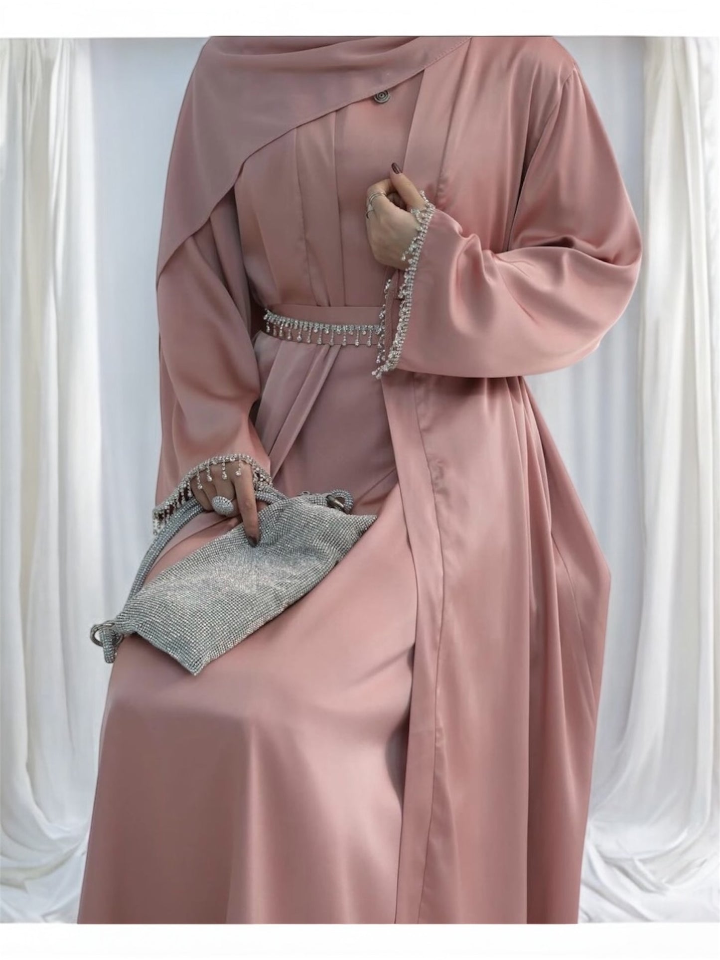 Zeenat Silk Diamond Abaya-Rose pink