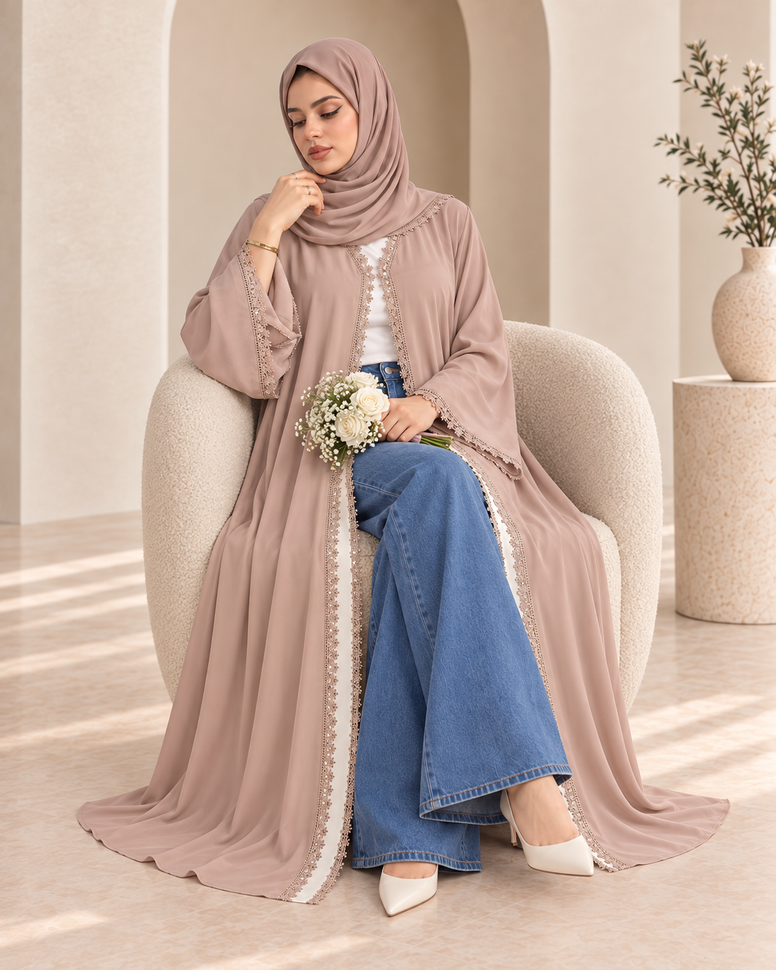 Floral Lace Abaya- Rose Beige