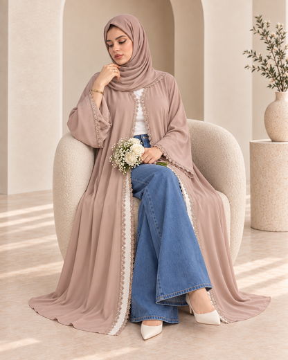 Floral Lace Abaya- Rose Beige