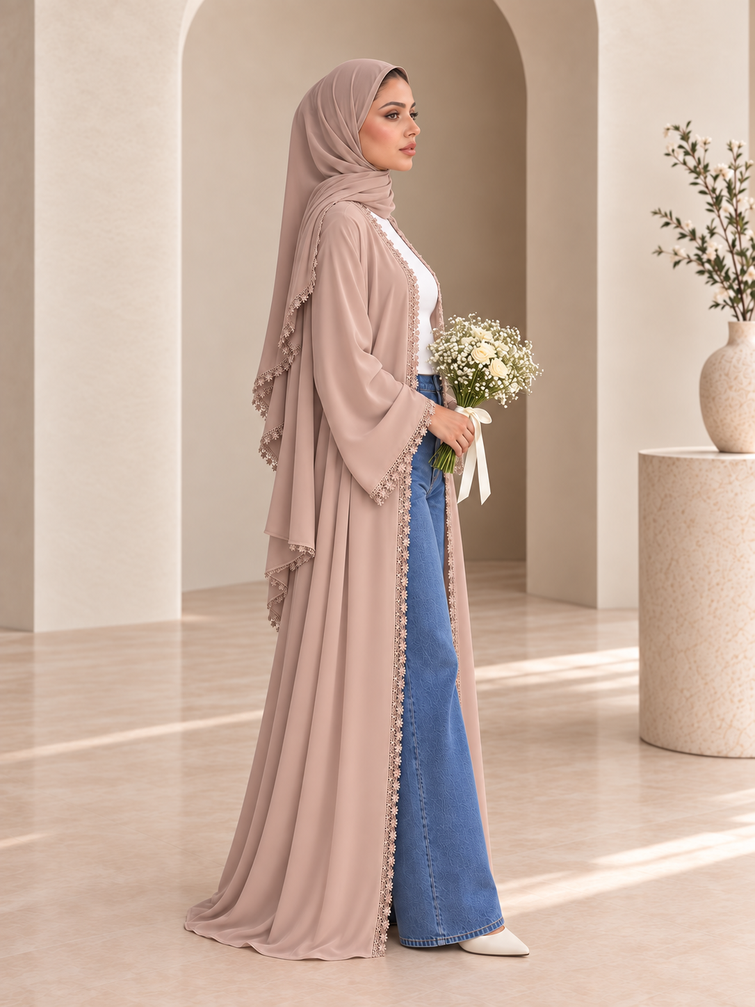 Floral Lace Abaya- Rose Beige