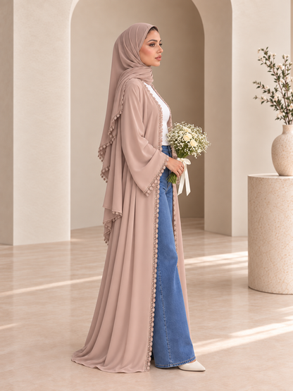 Floral Lace Abaya- Rose Beige