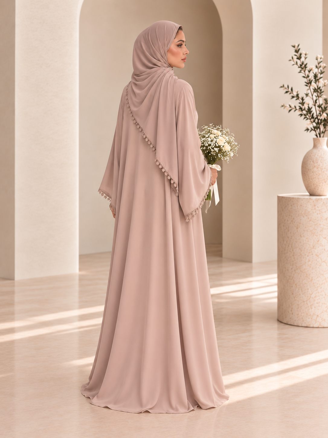 Floral Lace Abaya- Rose Beige