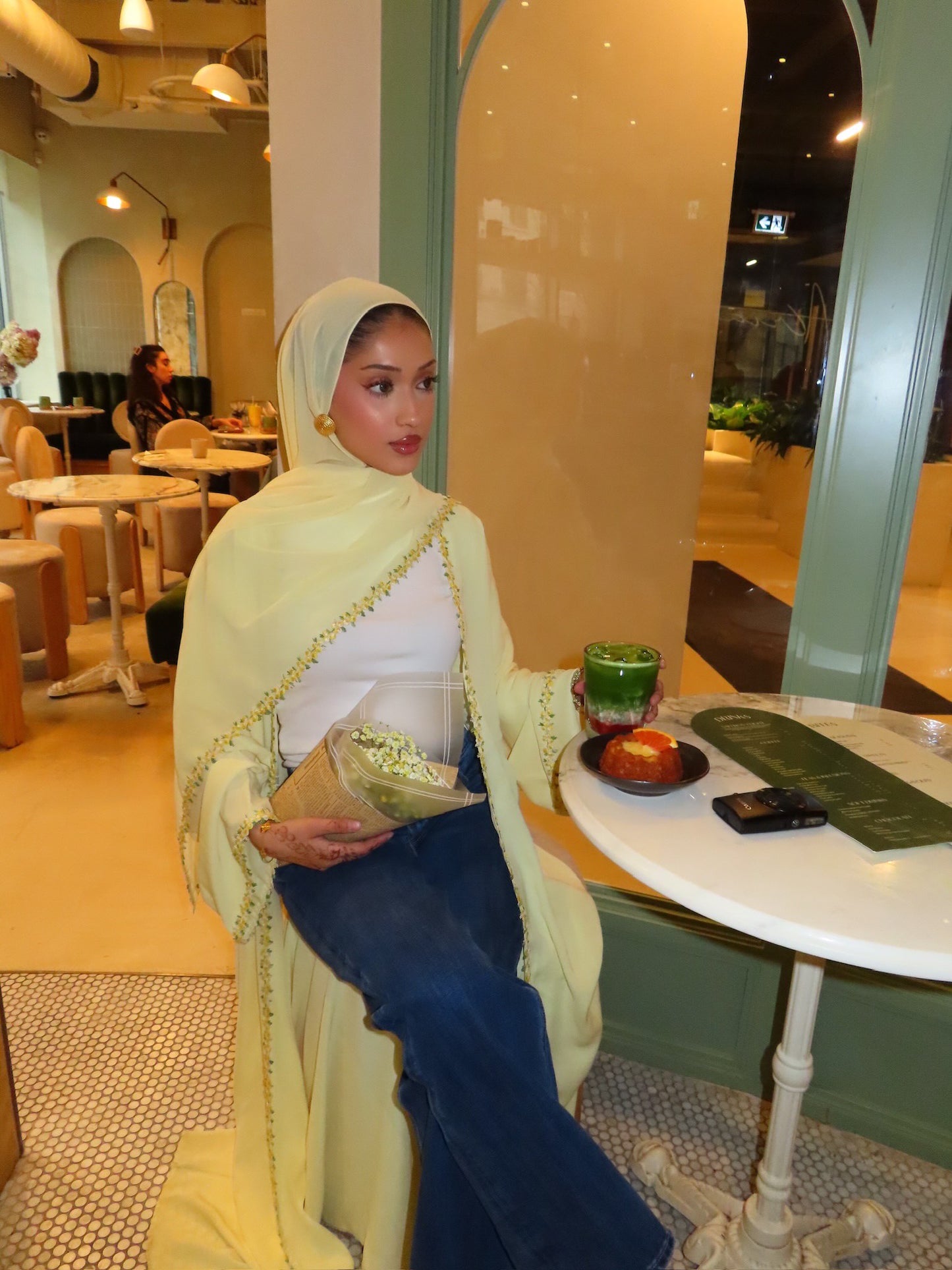 Floral Lace abaya-Butter Yellow