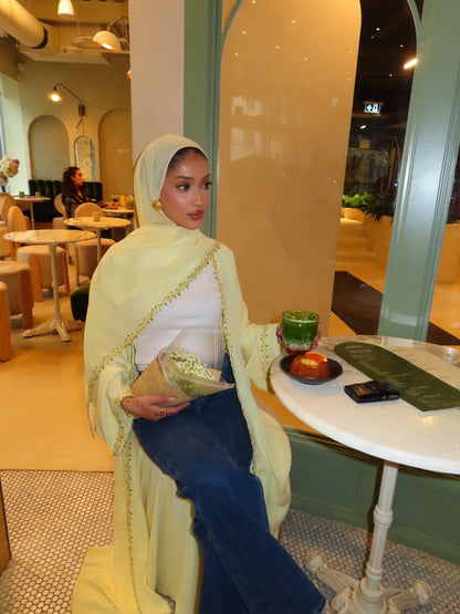 Floral Lace abaya-Butter Yellow