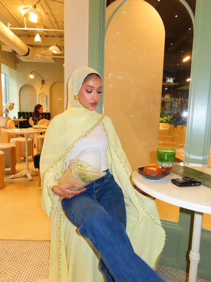 Floral Lace abaya-Butter Yellow
