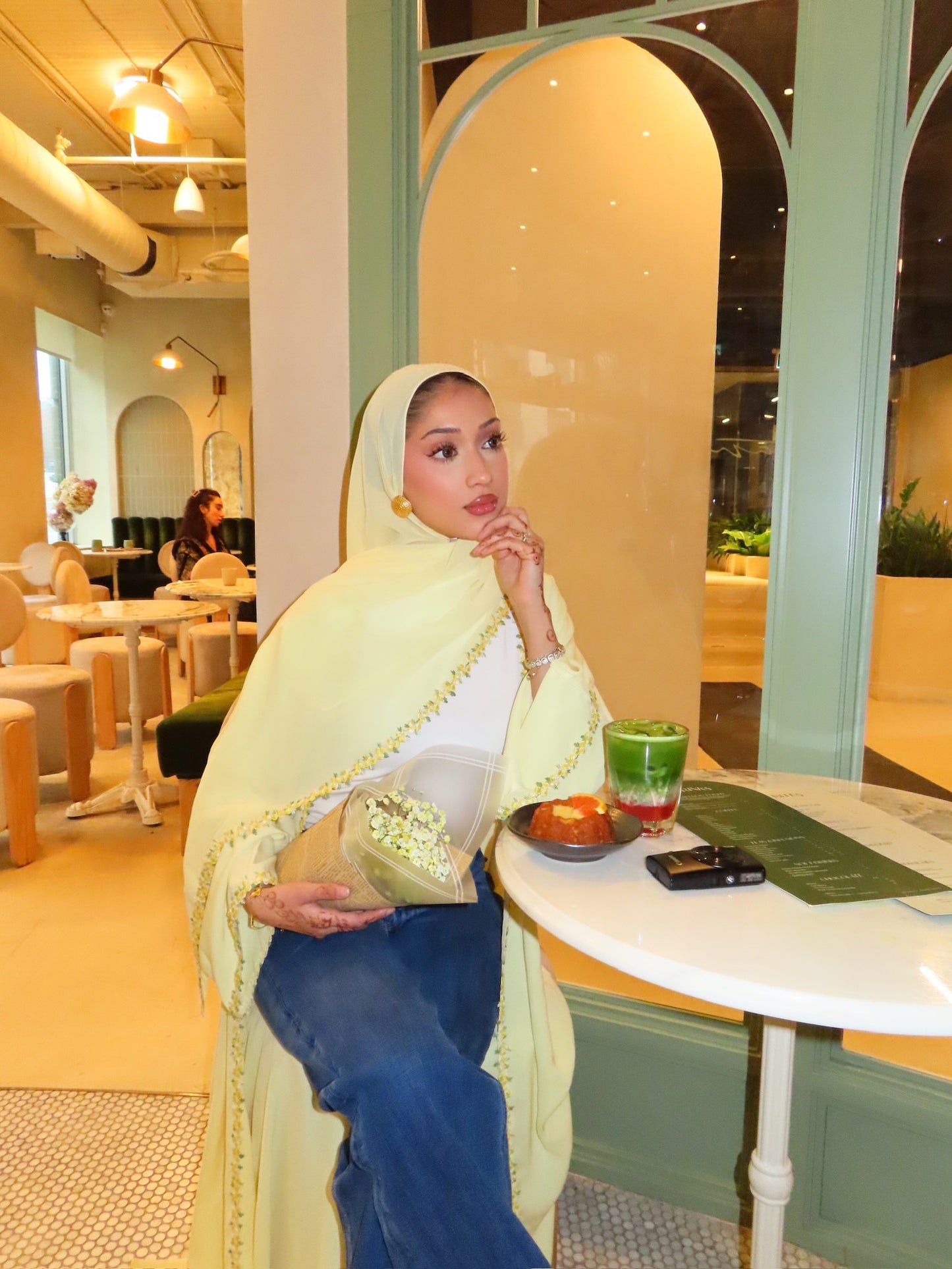 Floral Lace abaya-Butter Yellow