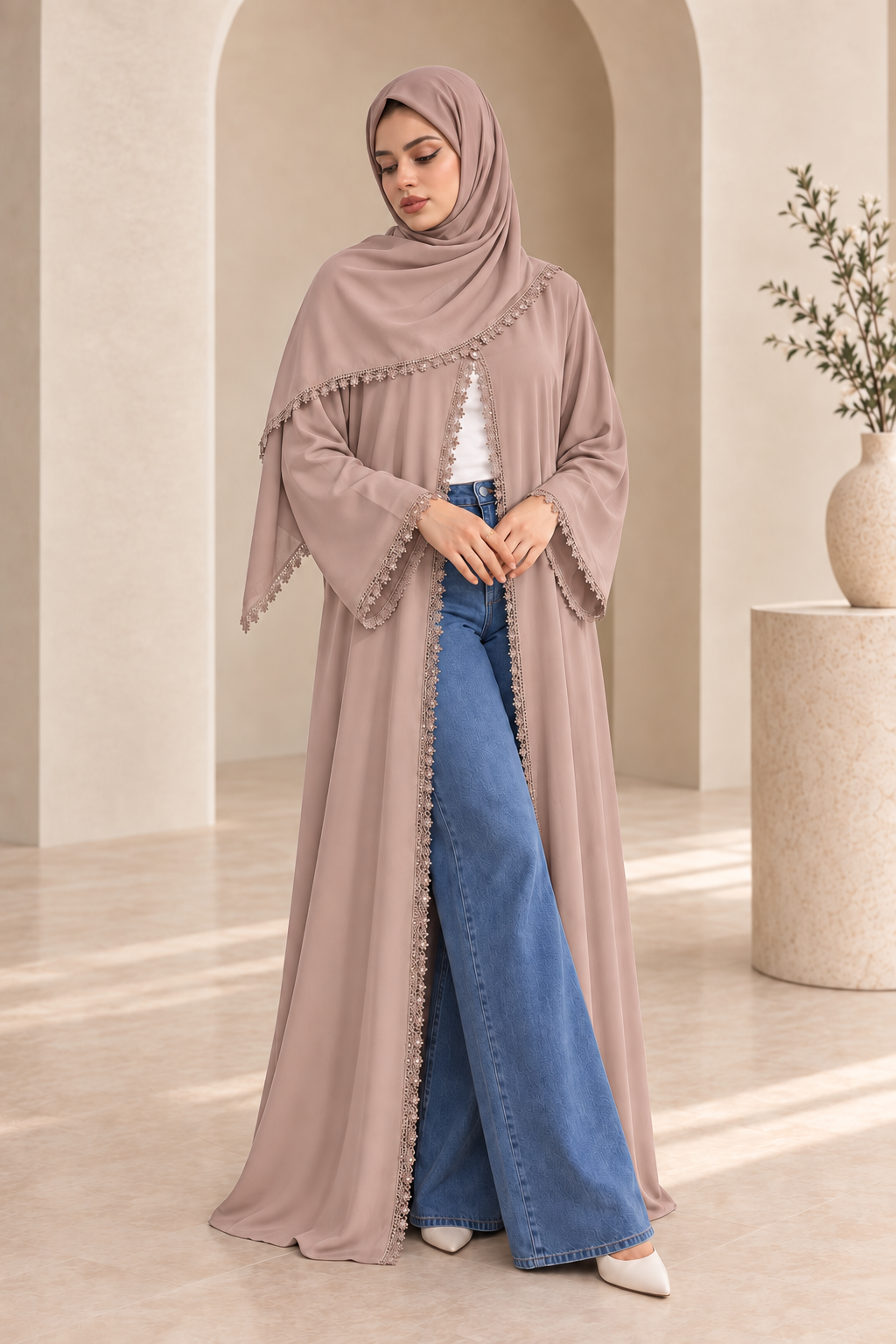 Floral Lace Abaya- Rose Beige