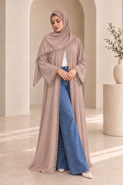 Floral Lace Abaya- Rose Beige