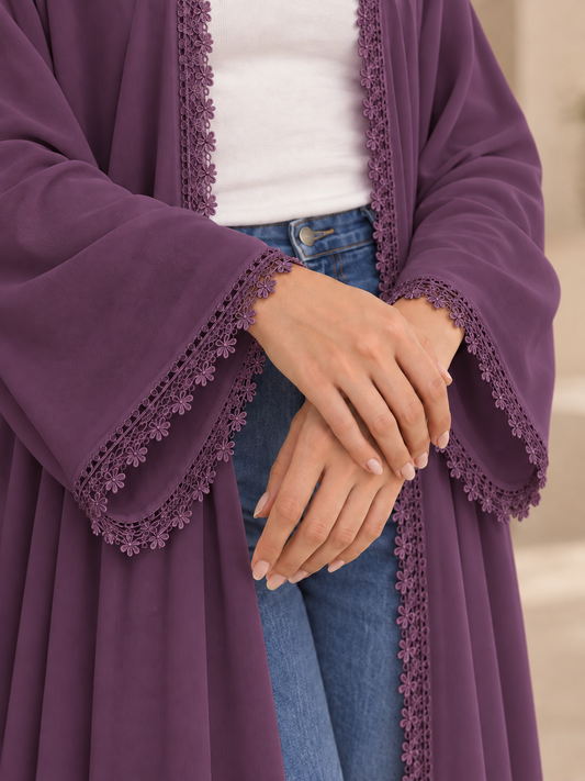 Floral Lace Abaya- Deep Plum