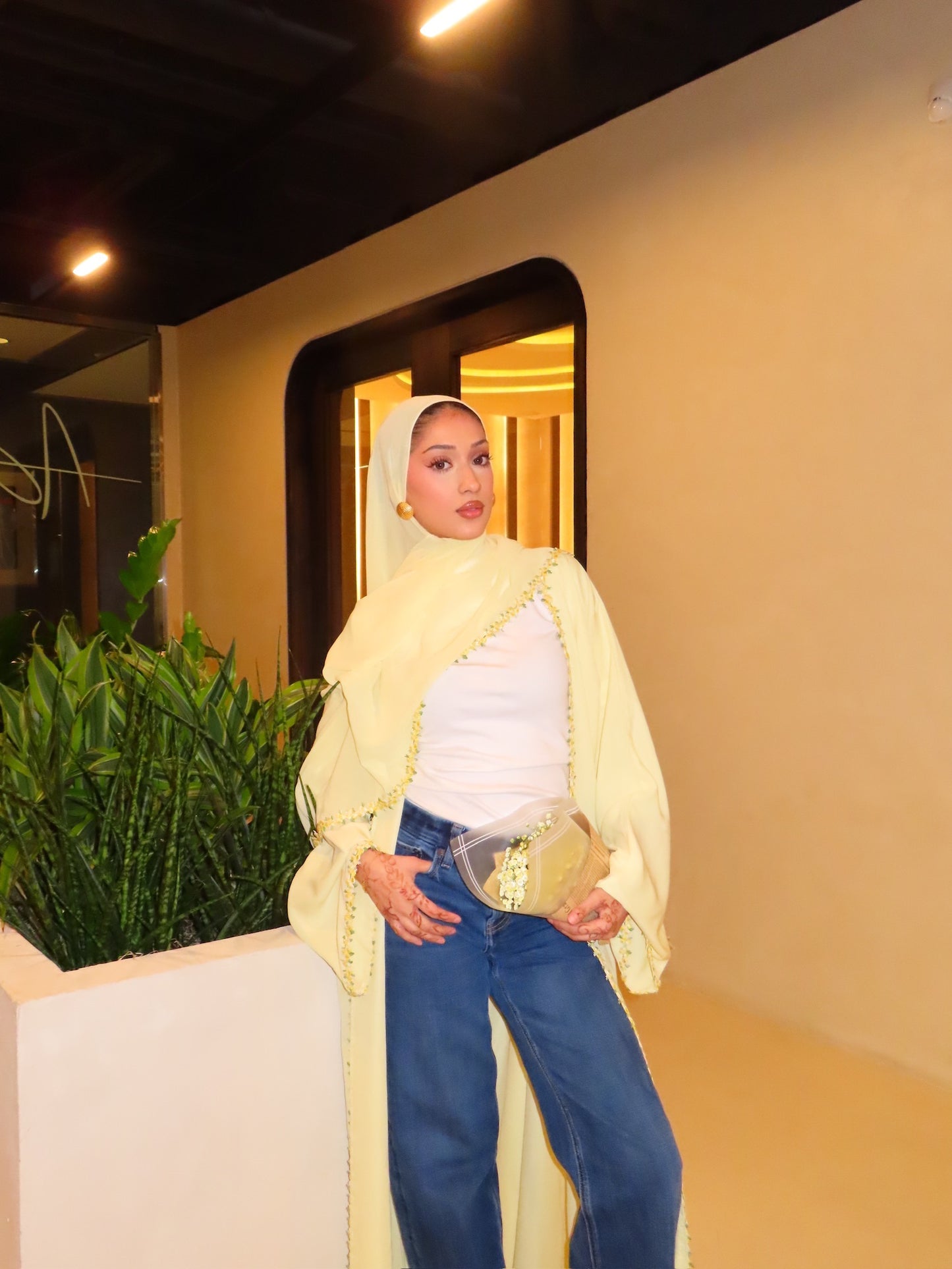 Floral Lace abaya-Butter Yellow
