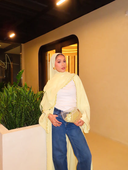 Floral Lace abaya-Butter Yellow