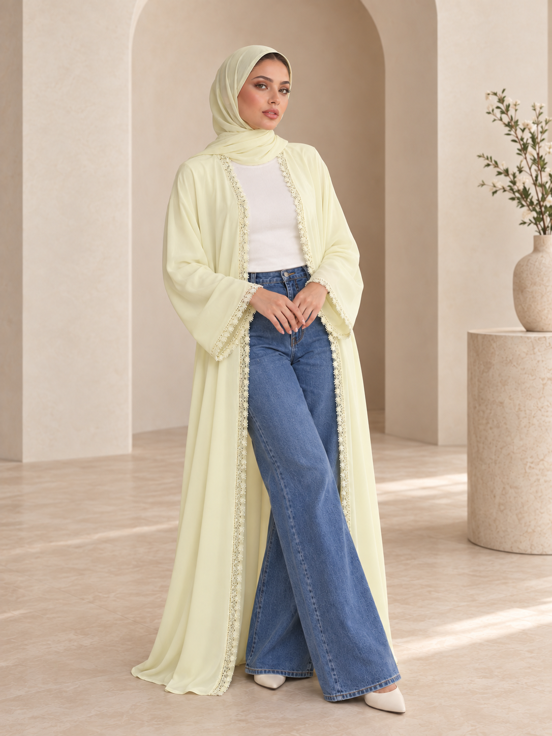 Floral Lace Abaya- Butter Yellow