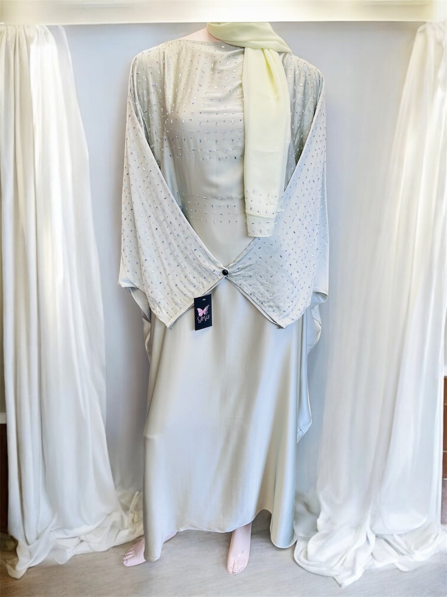 Butterfly Silk Abaya- Pistachio Green