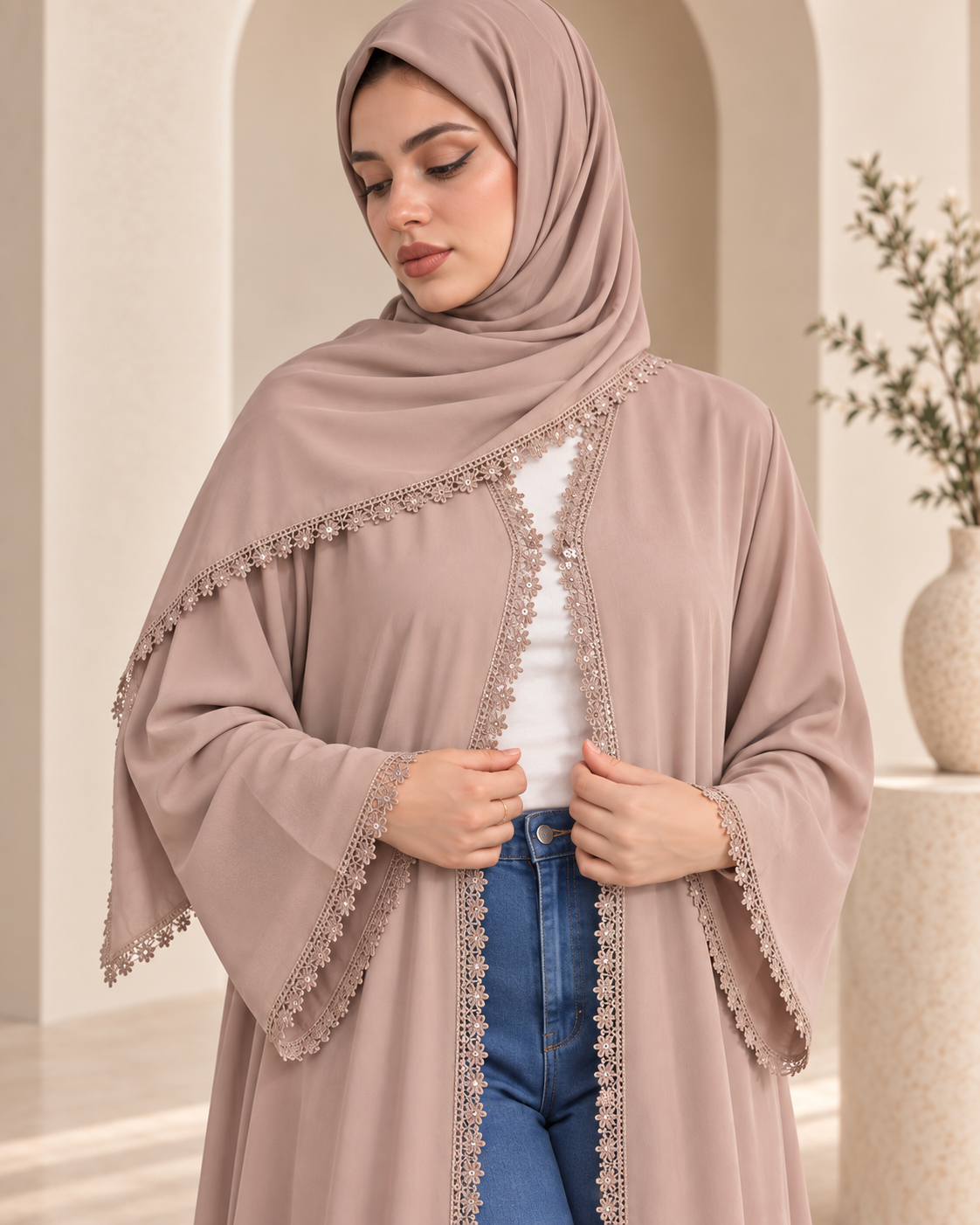 Floral Lace Abaya- Rose Beige