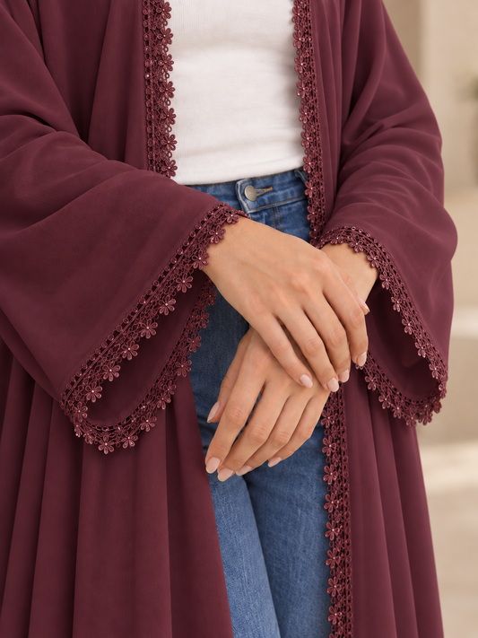 Floral Lace Abaya- Burgundy