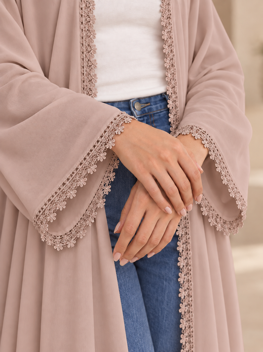 Floral Lace Abaya- Rose Beige