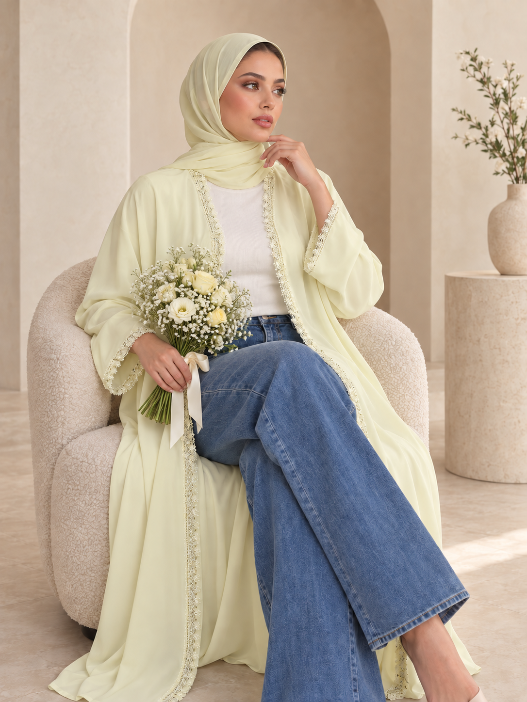 Floral Lace Abaya- Butter Yellow