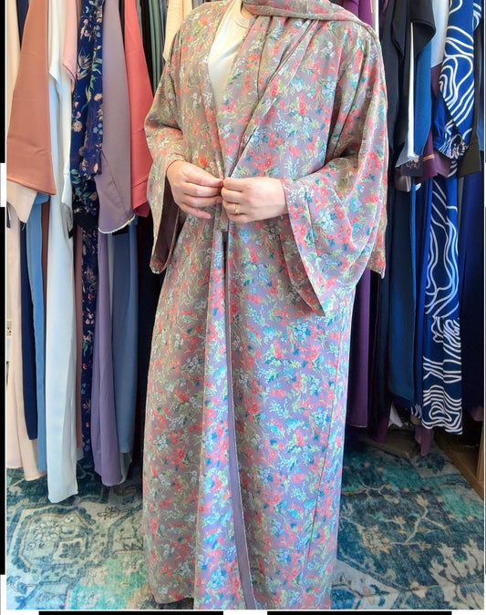 Printed Floral Abaya- Peach/Pink