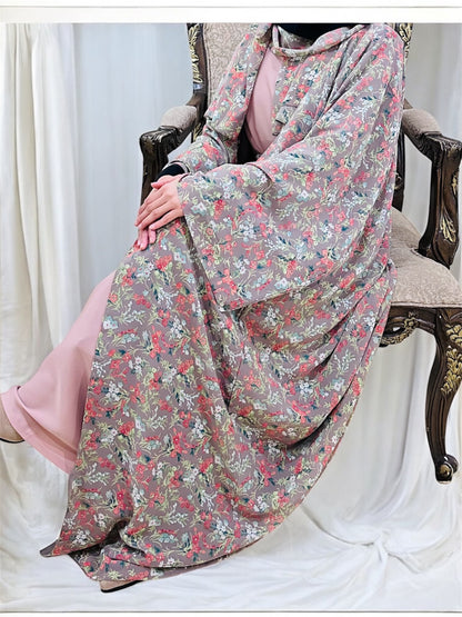 Printed Floral Abaya- Peach/Pink