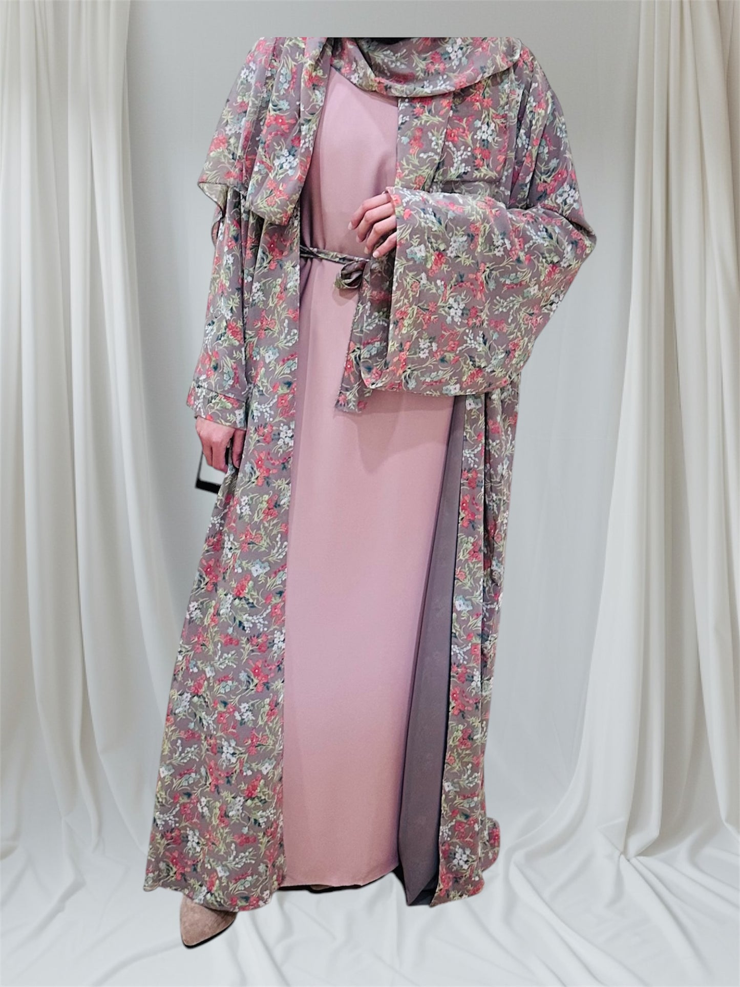 Printed Floral Abaya- Peach/Pink