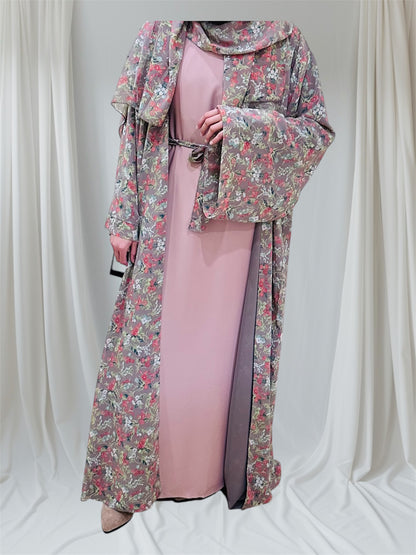 Printed Floral Abaya- Peach/Pink